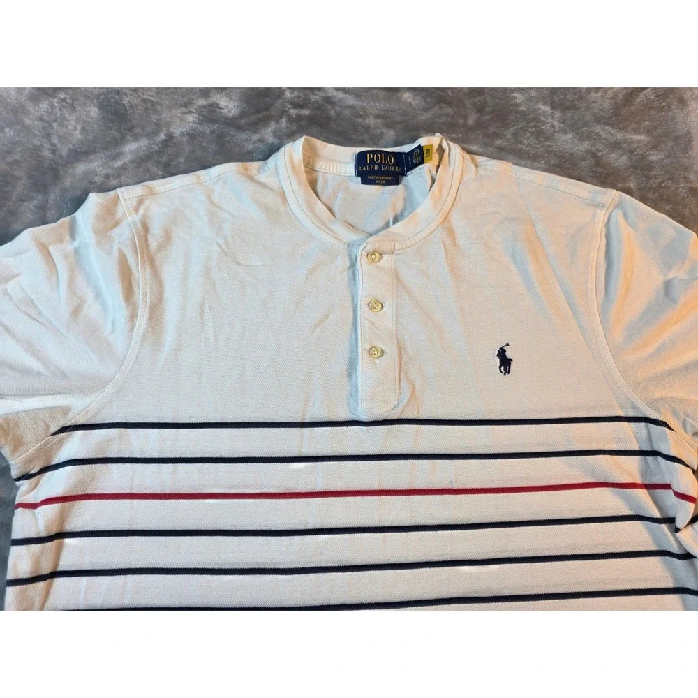 Polo Ralph Lauren Henley Shirt Mens Large White Striped Featherweight Mesh Logo‎